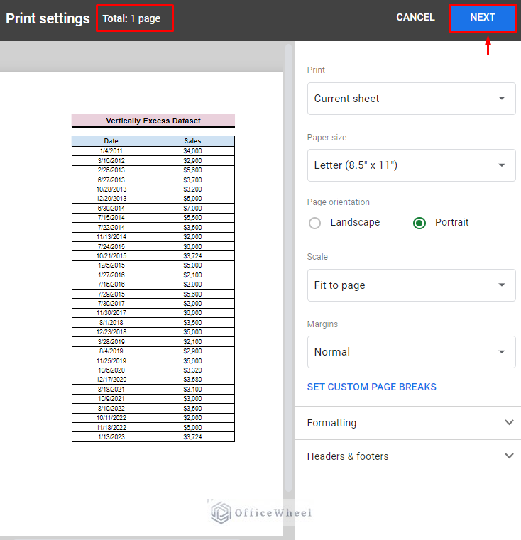 click on next to print the google sheet